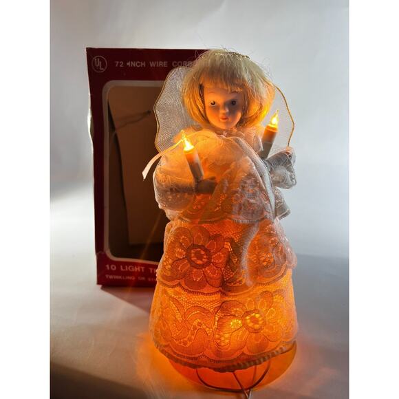 Vintage Lighted Angel Christmas Tree Topper Works Porcelain Face in Original Box - Picture 3 of 16